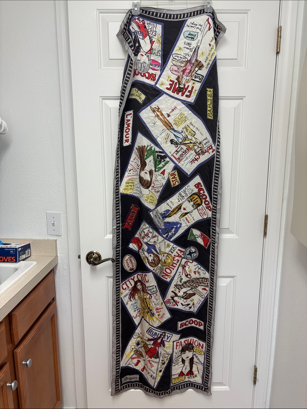 NWOT BRIGHTON SILK Fashion Magazine Print SCARF - Black & Multicolor